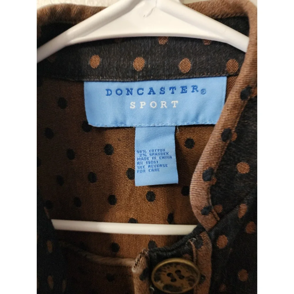 Doncaster Sport Polka Dot Denim Jacket Navy Brown Mock Neck XS/2 See Measurement